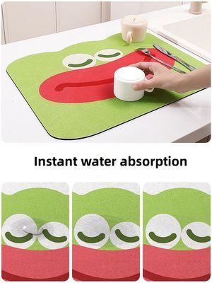 Square Waterproof Anti-Slip Kitchen Dish Draining Mat with Contemporary Cartoon Print